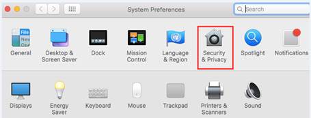macOS System Preferences with Security & Privacy option highlighted.