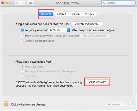 macOS Security & Privacy General tab with Open Anyway button highlighted for USBWireless-Install.pkg.