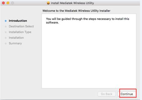 macOS Mediatek Wireless Utility Installer welcome screen on Introduction step with Continue button highlighted.