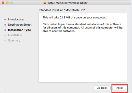 macOS Mediatek Wireless Utility Installer on Installation Type step showing 21.2 MB install size with Install button highlighted.