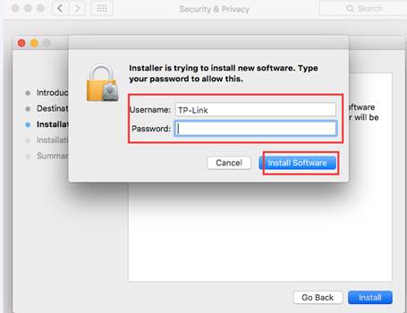 macOS installer password dialog with Username and Password fields highlighted and Install Software button highlighted.