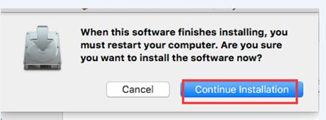 macOS restart confirmation dialog with Continue Installation button highlighted.