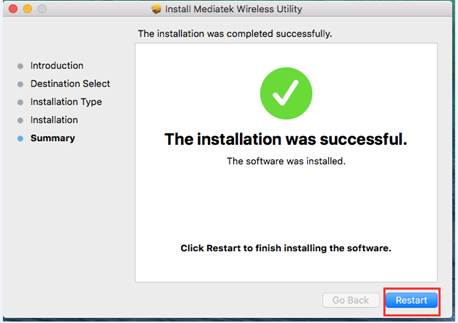 macOS Mediatek Wireless Utility Installer Summary step showing successful installation with Restart button highlighted.