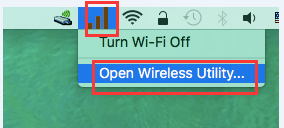 macOS menu bar showing TP-Link adapter icon with Open Wireless Utility option highlighted.