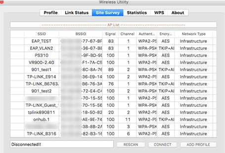 macOS Wireless Utility Site Survey tab showing a list of nearby Wi-Fi networks with signal strength and security details.