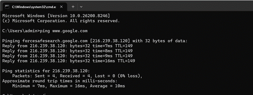 Exibição do teste de ping.