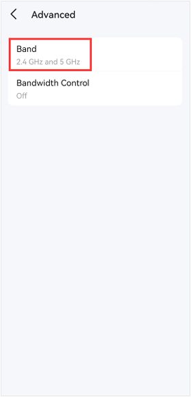 Advanced settings screen with Band highlighted, showing band set to 2.4 GHz and 5 GHz and Bandwidth Control off.