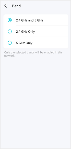 Band selection screen with 2.4 GHz and 5 GHz selected, showing options for 2.4 GHz Only and 5 GHz Only.