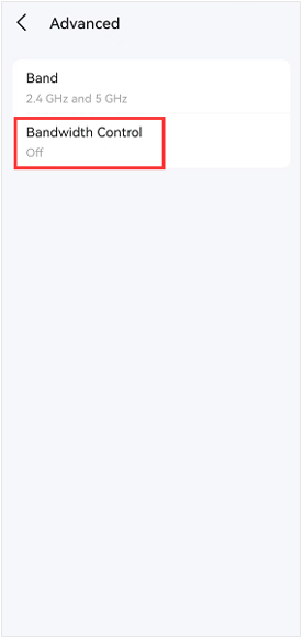 Advanced settings screen with Bandwidth Control off and highlighted, showing band set to 2.4 GHz and 5 GHz.