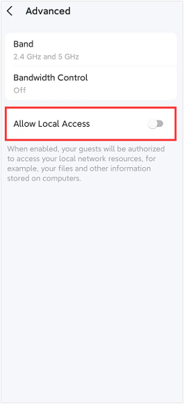 Advanced settings screen with Allow Local Access highlighted and toggle disabled.