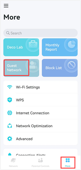 Deco app More screen with Guest Network option highlighted and More tab highlighted in the bottom navigation bar.