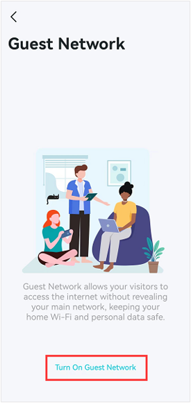 Deco app Guest Network introduction screen with Turn On Guest Network button highlighted.
