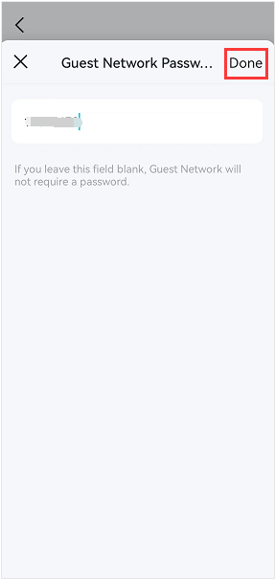 Deco app Guest Network Password screen with password field and Done button highlighted.