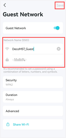 Deco app Guest Network settings screen with network name DecoM5T_Guest and password fields highlighted and Save button.