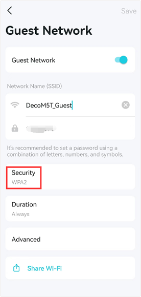 Deco app Guest Network settings screen with Security option set to WPA2 highlighted.