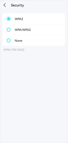 Deco app Guest Network Security screen showing WPA2 selected with WPA/WPA2 and None options not selected.