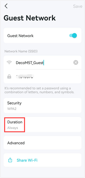 Guest Network settings screen with Duration highlighted, showing network name DecoM5T_Guest and Guest Network toggle enabled.