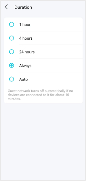 Duration options screen with Always selected, showing 1 hour, 4 hours, 24 hours, Always, and Auto.