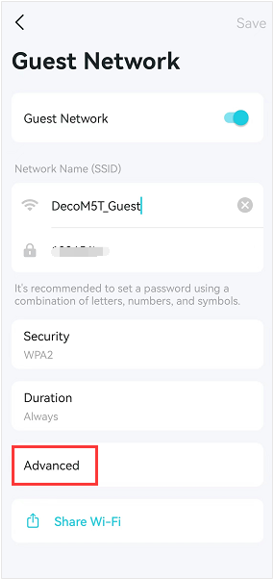 Guest Network settings screen with Advanced highlighted, showing network name DecoM5T_Guest and Guest Network toggle enabled.