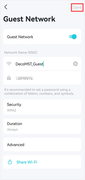 Guest Network settings screen with Save highlighted, showing network name DecoM5T_Guest and Guest Network toggle enabled.
