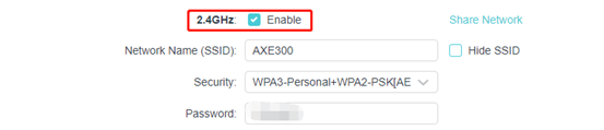 TP-Link router 2.4GHz wireless settings with the Enable checkbox highlighted and network name AXE300 shown.