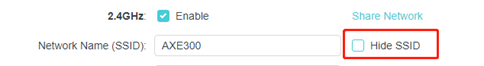 TP-Link router 2.4GHz wireless settings with the Hide SSID checkbox highlighted.