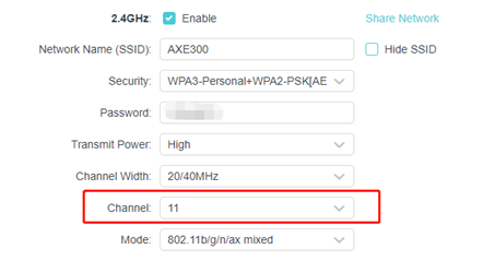TP-Link router 2.4GHz wireless settings with Channel set to 11 highlighted.