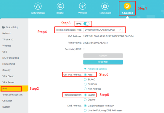 IPv6 page with steps to configure the Connection Type as Dynamic IP.