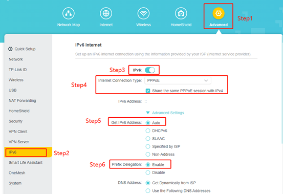 IPv6 page with steps to configure the Connection Type as PPPoE.