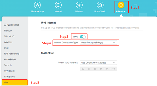 IPv6 page with steps to configure the Connection Type as Pass-Through.