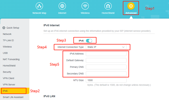 IPv6 page with steps to configure the Connection Type as Static IP.