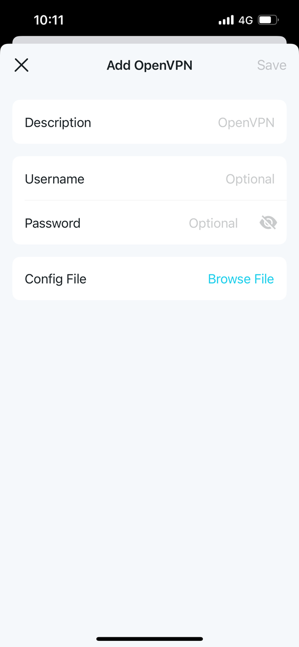 Deco app Add OpenVPN screen with Description, Username, Password, and Config File fields.
