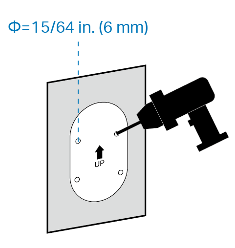 An illustration shows drilling 4 holes according to the template, each 6 mm or 15/64 inch in diameter.