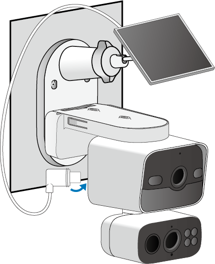 The illustration shows the solar panel connector being inserted into the camera's charging port to charge the camera.