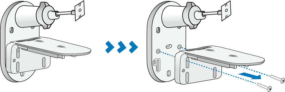 The illustration shows removing two screws to separate the camera bracket from the solar panel bracket.
