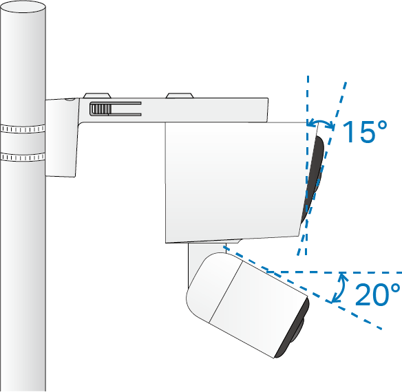 An illustration shows tilting the wide-angle lens down to about 15° and the telephoto lens down to about 20°.