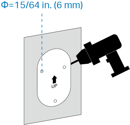 An illustration shows drilling the 3 holes according to the template, each 6 mm or 15/64 inch in diameter.