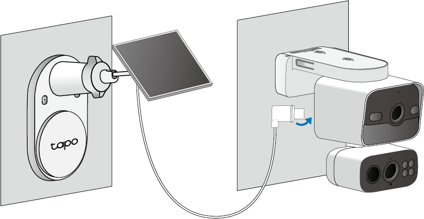 The illustration shows inserting the solar panel connector into the camera's charging port to charge the camera.