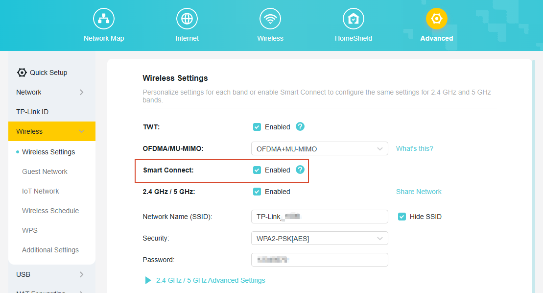 The Wireless Settings page with Smart Connect enabled.