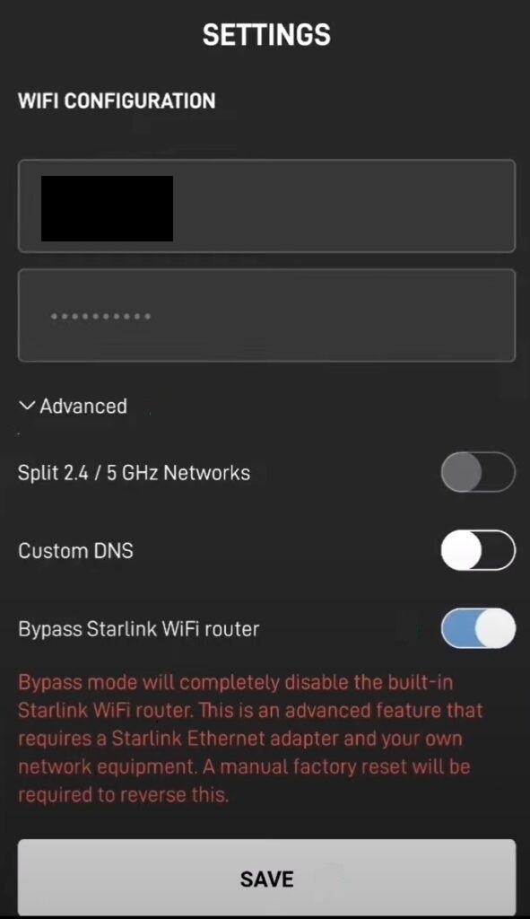 WiFi Configuration page on the Starlink app with Bypass Starlink Wi-Fi toggled on.