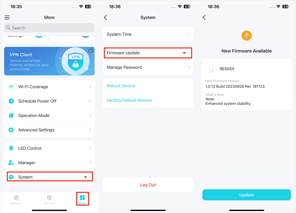 Steps to update firmware on the Tether app.