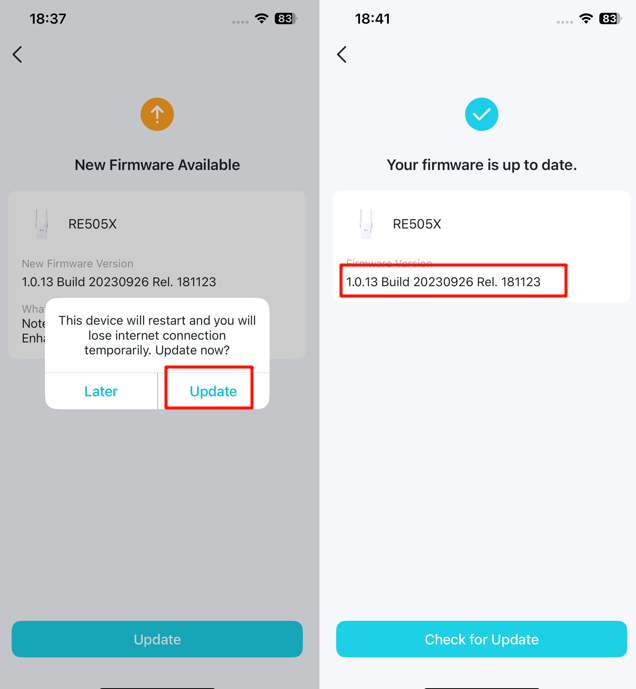 Tether asks to confirm the update and displays the current firmware version.