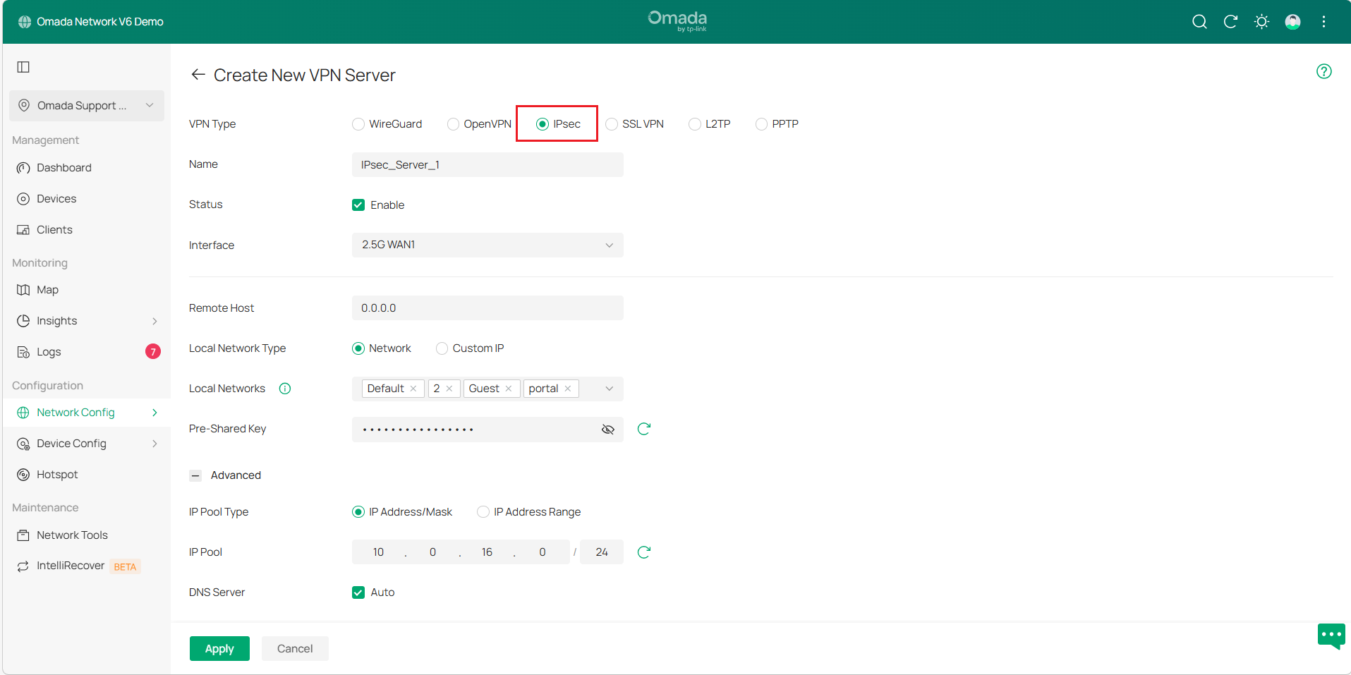 Display the IPsec VPN server configuration page.