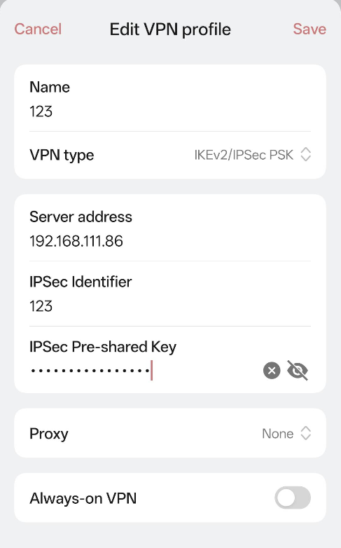 Show the VPN settings on Android.