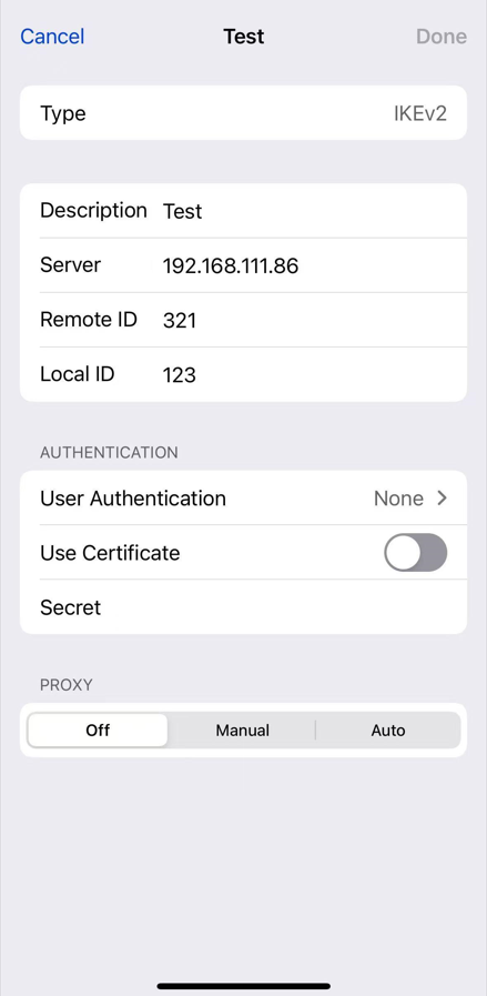 Show the VPN settings on iOS Devices.