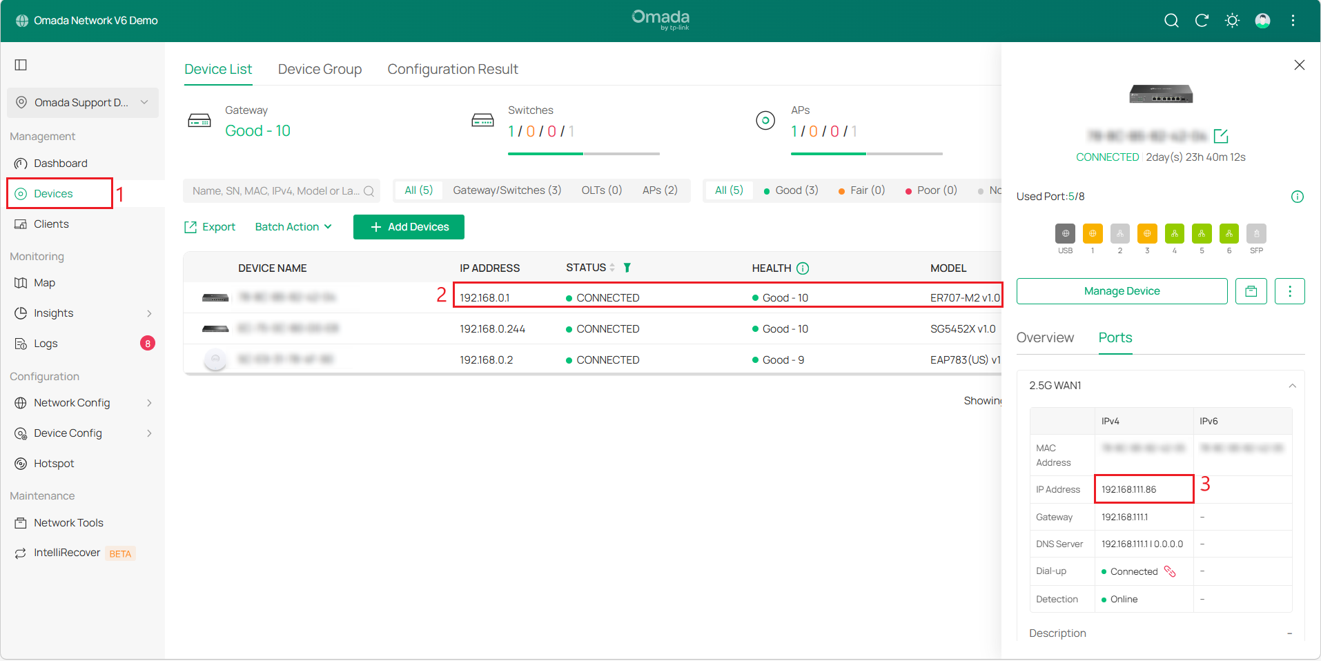  Display the WAN IP and LAN IP of gateway A.
