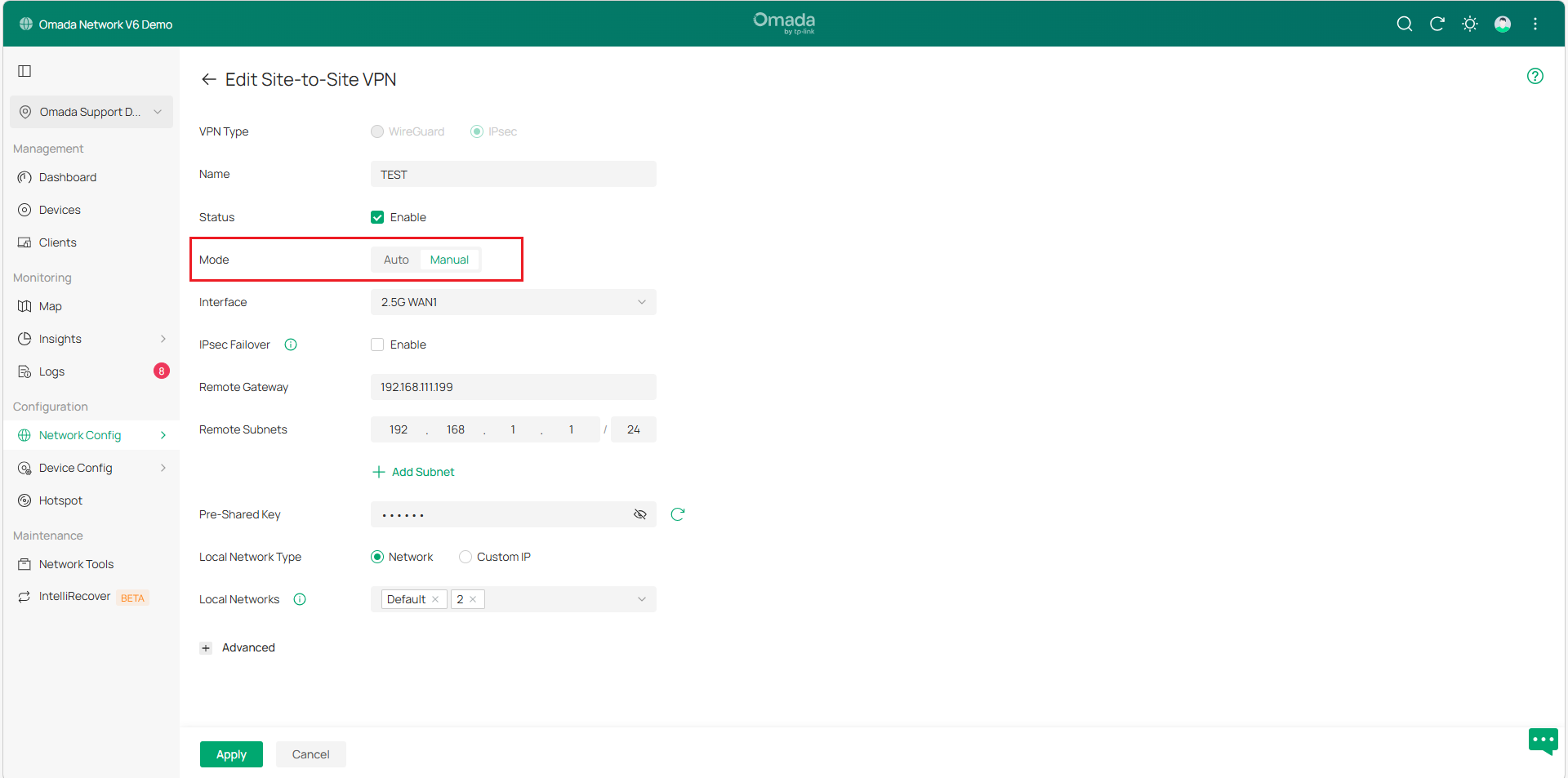 Display the manual IPsec configuration page on gateway A.