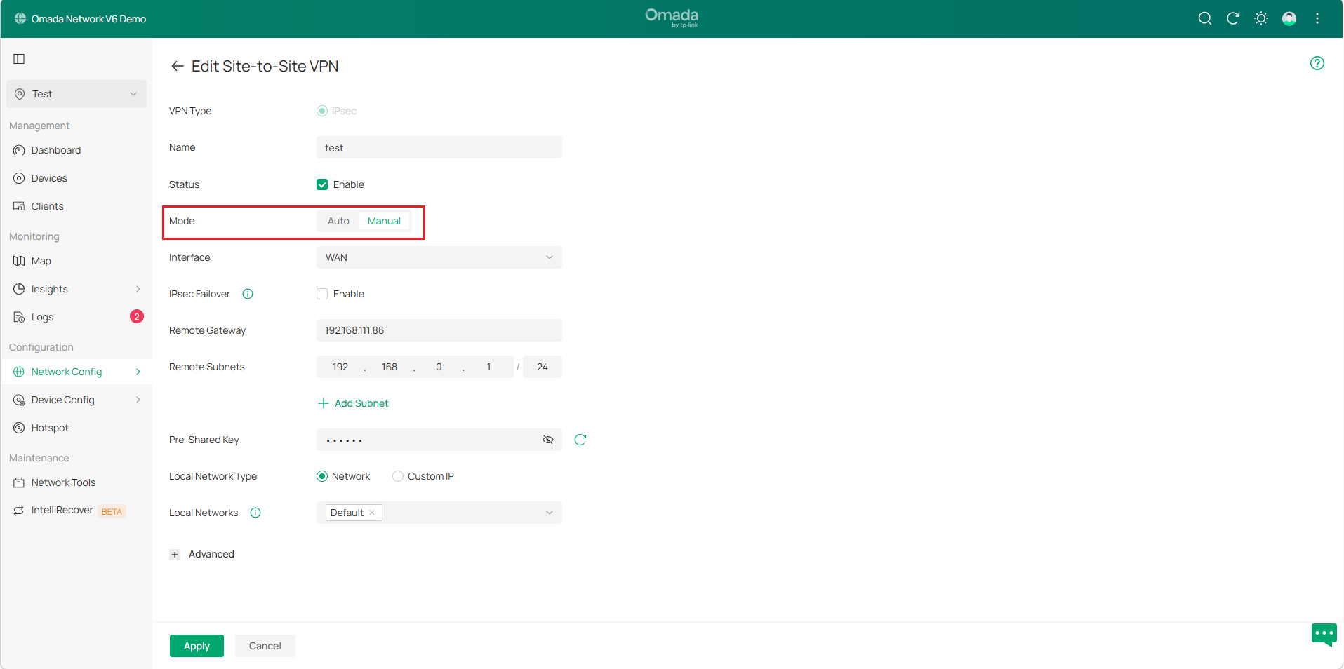 Display the manual IPsec configuration page on gateway B.
