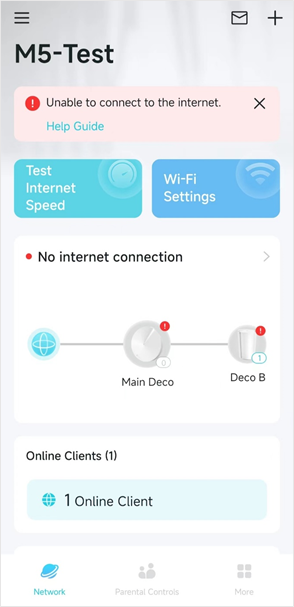 Network page with red escalation marks on Main Deco and Deco B.