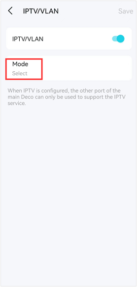 IPTV/VLAN page with option to select mode.